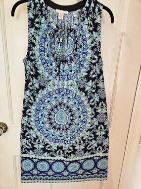 London Times blue floral sleeveless dress, keyhole neckline, polyester, S=12